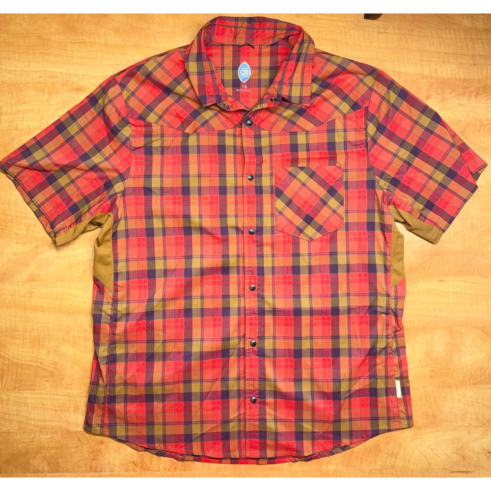 Club Ride Mens XL Red Orange Plaid Short Sleeve Western Cycling Snap Shirt